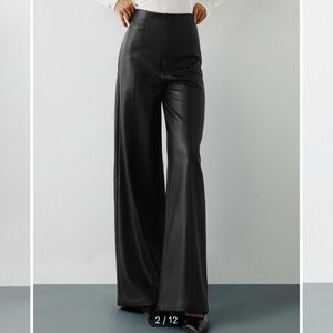 Commense Black PU Leather Wide-Leg Pants